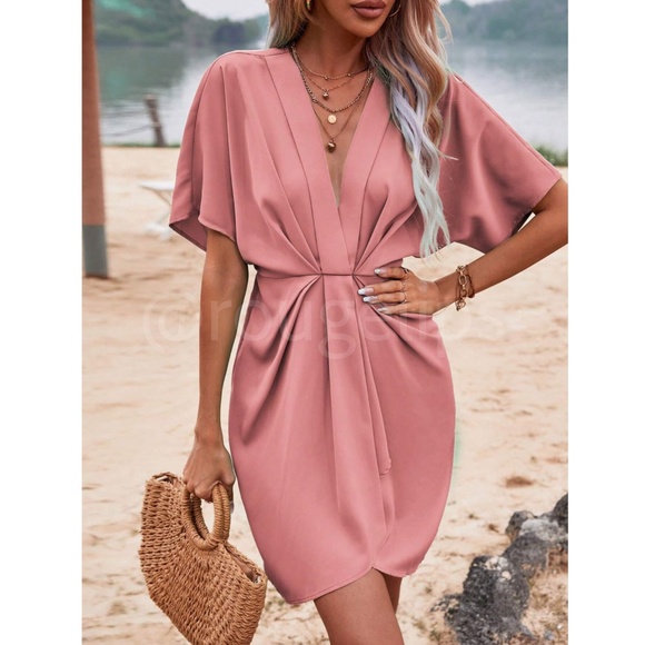 Salmon Pink Mini Dress Ruched, Batwing Sleeve Faux Wrap Pleated - Picture 1 of 8